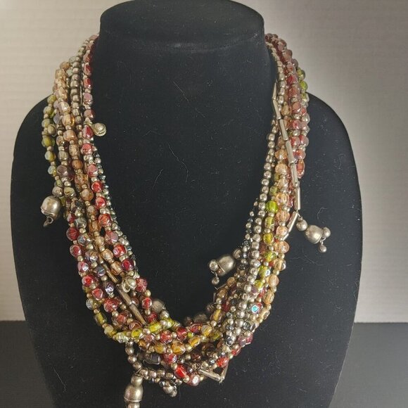 Retro Multi-Strand Denim Multicolor & Silver Tone tube Glass Beads Necklace Boho - Picture 2 of 7